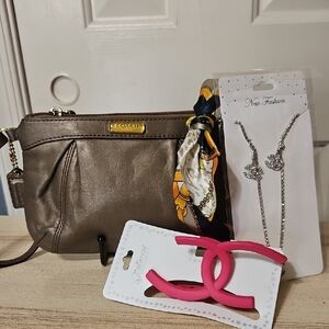 Coach EUC Metallic Taupe Wristlet Bundle Accesories